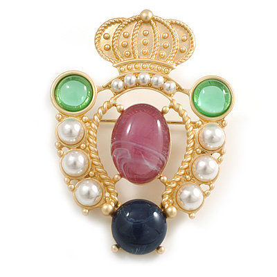 Statement Multicoloured Beaded Royal Crown Brooch in Matte Gold Tone Metal - 55mm Tall
