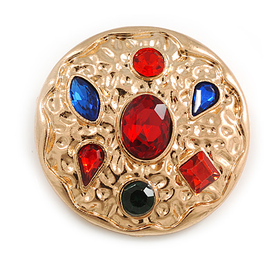 Stylish Multicolored Crystal Hammered Round Brooch/ Penant in Gold Tone Metal - 35mm Diameter