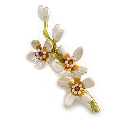 Stunning Magnolia Flowers Floral Enamel Brooch in Gold Tone - 55mm Long - main view