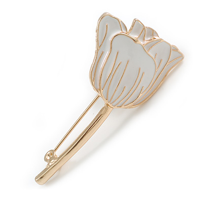 White Enamel Tulip Brooch in Gold Tone Metal - 55mm Tall - main view