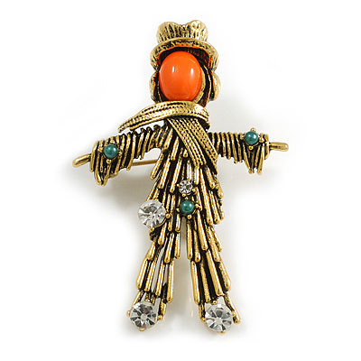 Vintage Inspired Crystal Scarecrow Brooch in Aged Gold Tone - 55mm Tall