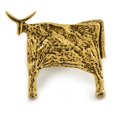 Vintage Inspired Textured Bull Brooch in Aged Gold Tone - 45mm Across - main view