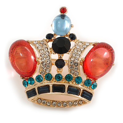 Multicoloured Crystal/ Glass Bead Crown Brooch in Gold Tone - 452mm Across
