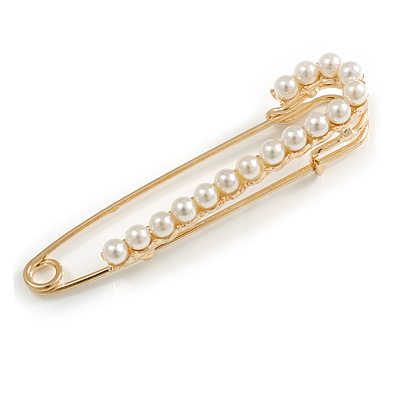 Classic Large Faux Pearl Safety Pin Brooch In Gold Plating - 75mm Across