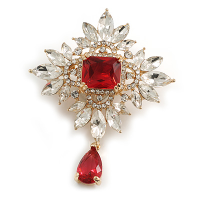 Statement Victorian Style Red/Clear Austrian Crystal Charm Brooch/Pendant in Gold Tone - 55mm Drop - main view