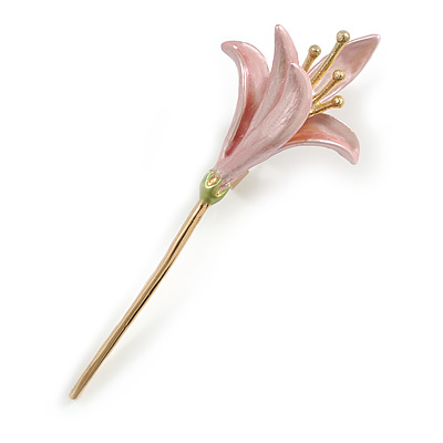 Light Pink Enamel Calla Lily Floral Brooch in Gold Tone - 70mm Long