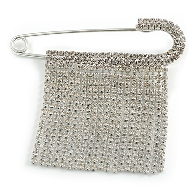 Statement Safety Brooch with Crystal Fringe in Silver Tone - 70mm Across