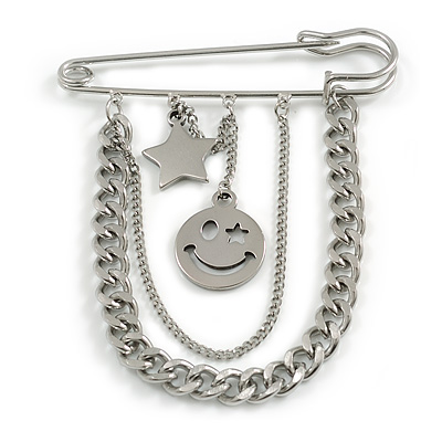 Polished Silver Tone Safety Pin Brooch With Chain Star Smiling Face Charms - 70mm