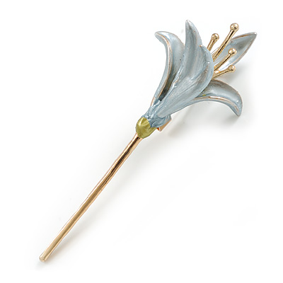 Light Blue Enamel Calla Lily Floral Brooch in Gold Tone - 70mm Long
