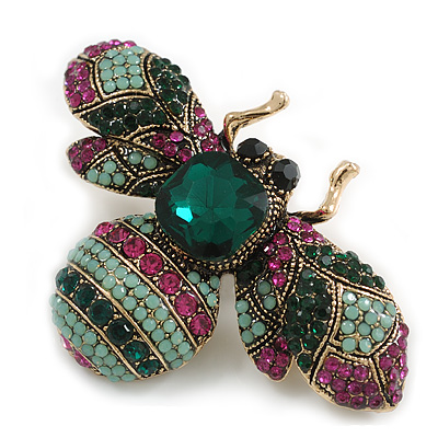 Vintage Inspired Large Statement Crystal Bee Brooch In Aged Gold Tone (Green,Magenta,Mint Hues) - 60mm Across - main view