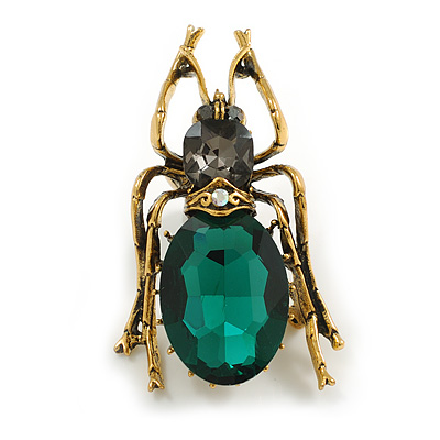 Striking Green/Grey Glass Stone Beetle/ Bug Brooch in Aged Gold Tone Metal - 55mm Tall