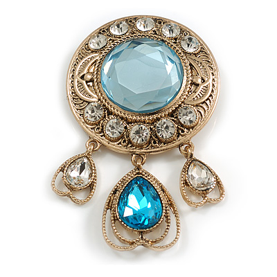 Victorian Inspired Clear/Light Blue Glass Stone Round Textured Charm Brooch in Aged Gold Tone - 65mm L