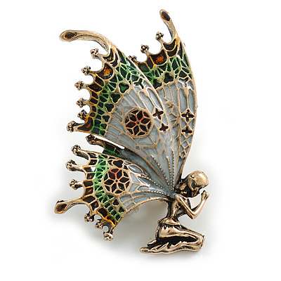 Vintage Inspired Multicoloured Enamel Fairy Brooch in Aged Gold Tone Metal - 50mm Tall