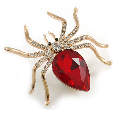 Clear/ Red Crystal Spider Brooch In Gold Tone - 50mm Across