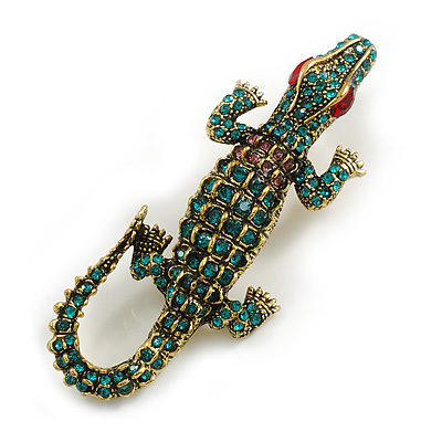 Teal/Pink Crystal Crocodile/ Alligator Brooch/Pendant in Aged Gold Tone Metal - 75mm Across
