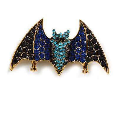 Blue/Black Crystal Bat Brooch/Pendant In Aged Gold Tone Metal - 60mm Across
