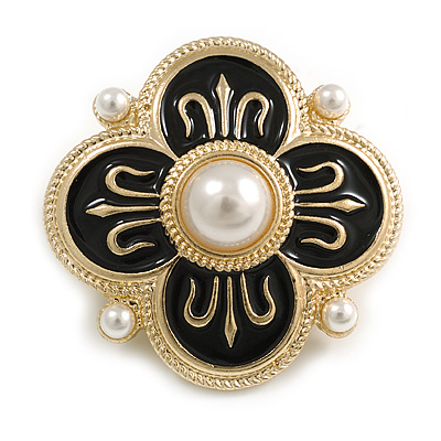 Black Enamel White Faux Pearl Flower Brooch/ Pendant in Gold Tone - 40mm Across