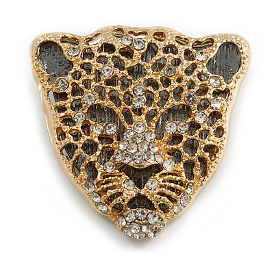 Crystal Tiger Head Brooch in Gold/ Black Tone Metal - 40mm Across - main view