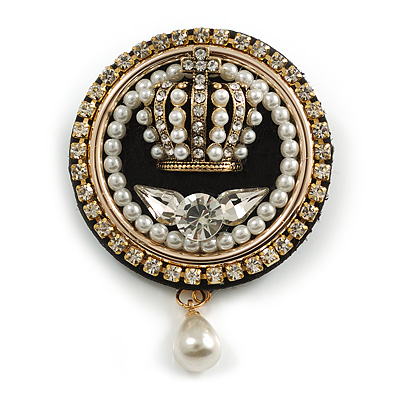 Victorian Royal Style Round Crystal Pearl Beaded Crown Brooch in Gold Tone - 45mm Long