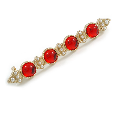 Vintage Inspired Red Resin and White Faux Pearl Beaded Bar Brooch in Gold Tone - 55mm Across