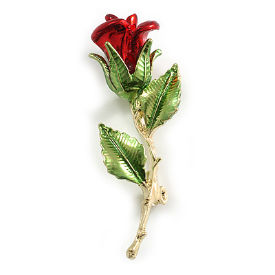 Romantic Red/Green Enamel Rose Brooch in Gold Tone - 55mm Tall - main view