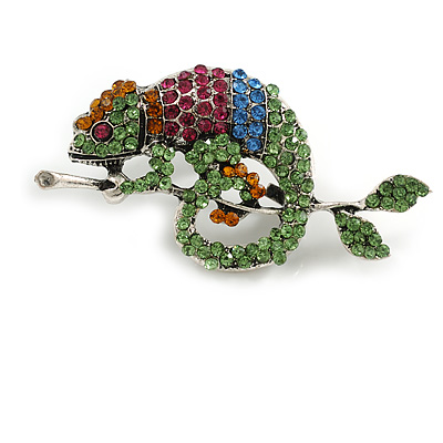 Vintage Inspired Multicoloured Crystal Chameleon Brooch/ Pendant in Aged Silver Tone Metal - 55mm Across