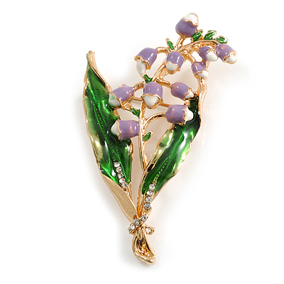 Lavender/White/Green Enamel Crystal Lilies Of The Valley Floral Brooch/Pendant in Gold Tone - 55mm Tall