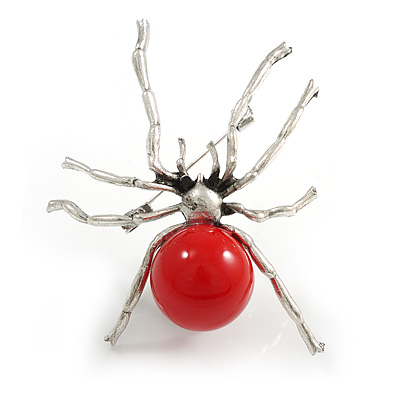 Statement Red Acrylic Spider Brooch in Silver Tone - 65mm Tall - main view