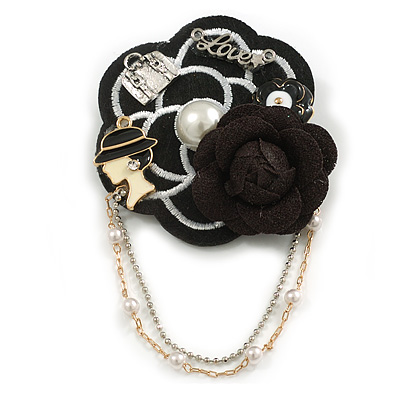 Handmade Flower with Multi Charm Fabric/Felt Brooch with Beaded Chains - 90mm Total Drop