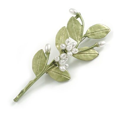 White Faux Pearl Green Matt Enamel Floral Brooch - 75mm Long
