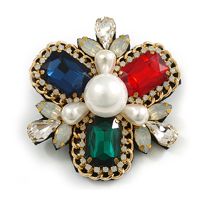 Vintage Inspired Crystal/ Pearl Bead and Chain Cross Brooch/Hair Clip in White/Clear/Red/Green/Blue - 60mm Across - main view