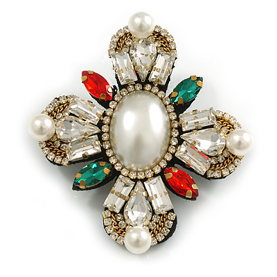 Vintage Inspired Crystal/ Pearl Bead and Chain Cross Brooch/Hair Clip in White/Clear/Red/Green - 70mm Tall - main view