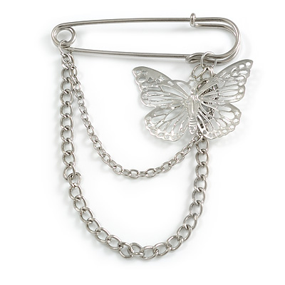 Polished Silver Tone Safety Pin Brooch With Double Chain and Butterfly Charm - 60mm Across - main view