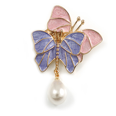 Pink/Lavender Enamel Double Butterfly with Dangling Faux Pearl Brooch in Gold Tone - 55mm Tall - main view