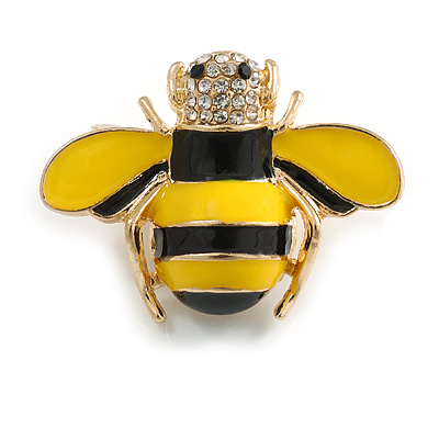 Yellow/ Black Enamel Clear Crystal Bee Brooch in Gold Tone - 35mm Across