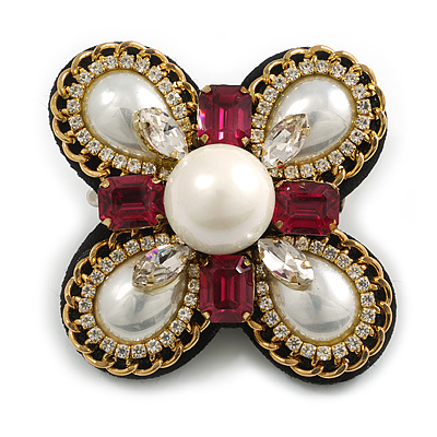 Vintage Inspired Crystal/ Pearl Bead and Chain Brooch/Hair Clip in White/Clear/Magenta - 60mm Across - main view