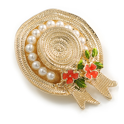 Gold Tone Textured Pearl Bead with Floral Motif Hat Brooch - 50mm Across