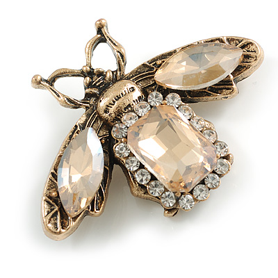 Vintage Inspired Clear/Citrine Crystal Bee Brooch In Aged Gold Tone - 48mm Across - main view