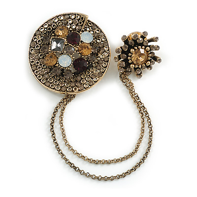 Victorian Style Round Crystal Double Chain Brooch In Aged Gold Tone Finish/Grey/Amber/Milky White