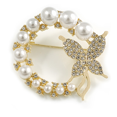 White Faux Pearl Bead Clear Crystal Wreath with Butterfly Motif Brooch In Gold Tone - 40mm Across - main view