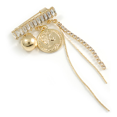 Stylish Crystal Chain Charm Brooch in Gold Tone - 30mm Wide