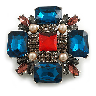 Victorian Style Multicoloured Glass Bead Cross Brooch/Pendant in Aged Silver Tone - 55mm Tall