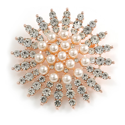 Statement Clear Crystal Cream Faux Pearl Star Brooch in Gold Tone - 55mm Diameter