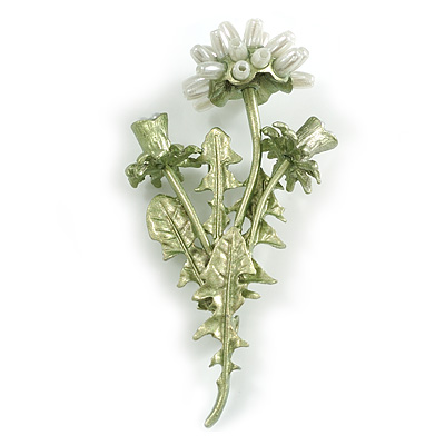 White Acrylic Bead Green Enamel Bristle Thistle Floral Brooch - 70mm Tall