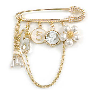 Trendy White Faux Pearl Multi Charm and Chain Brooch in Gold Tone - 70mm Across