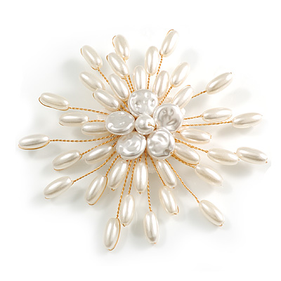 Large Asymmetrical Layered White Faux/Freshwater Pearl Floral Brooch In Gold Tone/90mm Across/Handmade