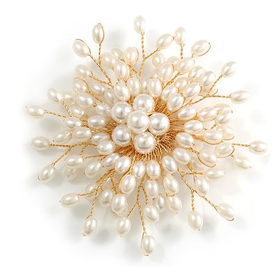 Statement Asymmetrical Layered White Faux Pearl Floral Brooch In Gold Tone/80mm Across/Handmade - main view