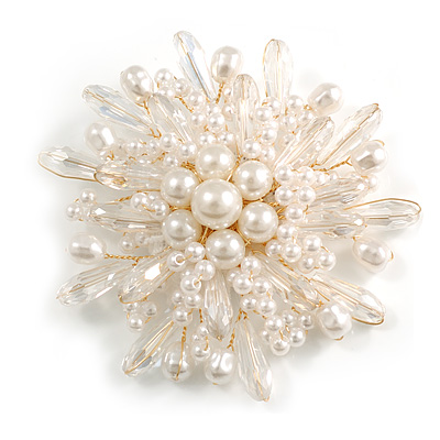 Statement Layered White Faux Pearl and Transparent Acrylic Bead Floral Brooch In Gold Tone/75mm Across/Handmade