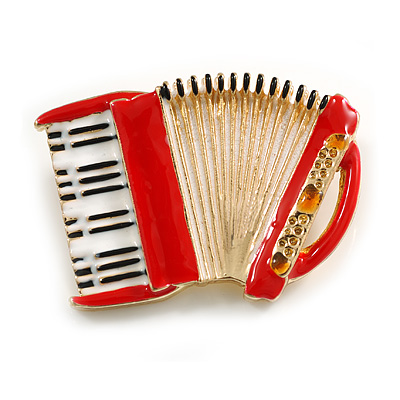 Red/White/Black Enamel Accordion Brooch In Gold Tone - 40mm Across