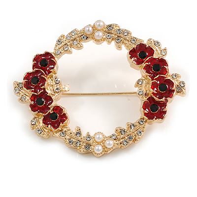 Red Enamel Poppy Crystal Pearl Wreath Brooch in Gold Tone - 50mm Across
